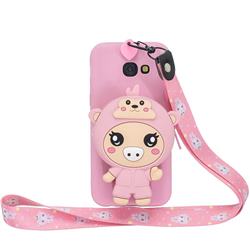 Pink Pig Neck Lanyard Zipper Wallet Silicone Case for Samsung Galaxy A7 2017 A720