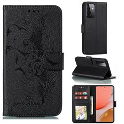 Intricate Embossing Lychee Feather Bird Leather Wallet Case for Samsung Galaxy A72 (4G, 5G) - Black