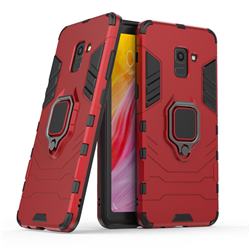 Black Panther Armor Metal Ring Grip Shockproof Dual Layer Rugged Hard Cover for Samsung Galaxy A8+ (2018) - Red