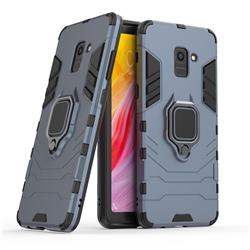 Black Panther Armor Metal Ring Grip Shockproof Dual Layer Rugged Hard Cover for Samsung Galaxy A8+ (2018) - Blue