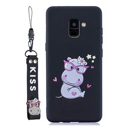 Black Flower Hippo Soft Kiss Candy Hand Strap Silicone Case for Samsung Galaxy A8+ (2018)