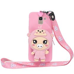 Pink Pig Neck Lanyard Zipper Wallet Silicone Case for Samsung Galaxy A8+ (2018)