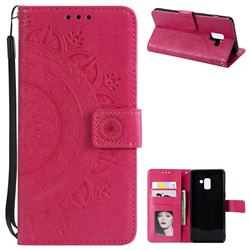Intricate Embossing Datura Leather Wallet Case for Samsung Galaxy A8+ (2018) - Rose Red