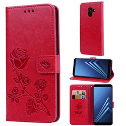 Embossing Rose Flower Leather Wallet Case for Samsung Galaxy A8+ (2018) - Red