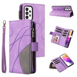 Luxury Two-color Stitching Multi-function Zipper Leather Wallet Case Cover for Samsung Galaxy A73 5G - Purple