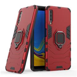 Black Panther Armor Metal Ring Grip Shockproof Dual Layer Rugged Hard Cover for Samsung Galaxy A7 (2018) - Red