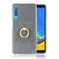 Luxury Soft TPU Glitter Back Ring Cover with 360 Rotate Finger Holder Buckle for Samsung Galaxy A7 (2018) A750 - Black