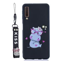 Black Flower Hippo Soft Kiss Candy Hand Strap Silicone Case for Samsung Galaxy A7 (2018) A750
