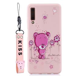 Pink Flower Bear Soft Kiss Candy Hand Strap Silicone Case for Samsung Galaxy A7 (2018) A750