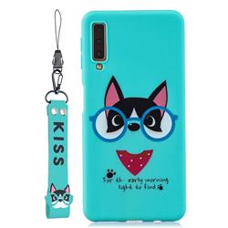 Green Glasses Dog Soft Kiss Candy Hand Strap Silicone Case for Samsung Galaxy A7 (2018) A750