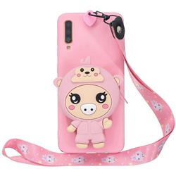 Pink Pig Neck Lanyard Zipper Wallet Silicone Case for Samsung Galaxy A7 (2018) A750