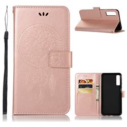 Intricate Embossing Owl Campanula Leather Wallet Case for Samsung Galaxy A7 (2018) - Rose Gold