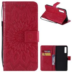 Embossing Sunflower Leather Wallet Case for Samsung Galaxy A7 (2018) - Red