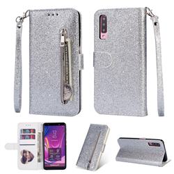 Glitter Shine Leather Zipper Wallet Phone Case for Samsung Galaxy A7 (2018) A750 - Silver