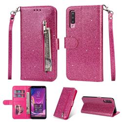 Glitter Shine Leather Zipper Wallet Phone Case for Samsung Galaxy A7 (2018) A750 - Rose
