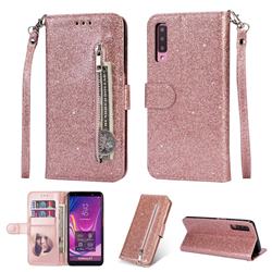 Glitter Shine Leather Zipper Wallet Phone Case for Samsung Galaxy A7 (2018) A750 - Pink