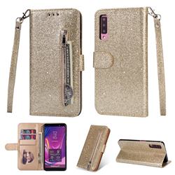 Glitter Shine Leather Zipper Wallet Phone Case for Samsung Galaxy A7 (2018) A750 - Gold
