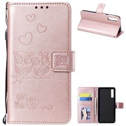 Embossing Owl Couple Flower Leather Wallet Case for Samsung Galaxy A7 (2018) A750 - Rose Gold