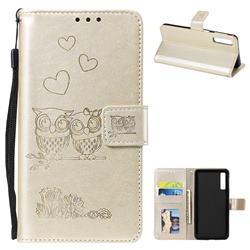 Embossing Owl Couple Flower Leather Wallet Case for Samsung Galaxy A7 (2018) A750 - Golden