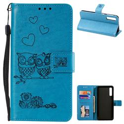 Embossing Owl Couple Flower Leather Wallet Case for Samsung Galaxy A7 (2018) A750 - Blue