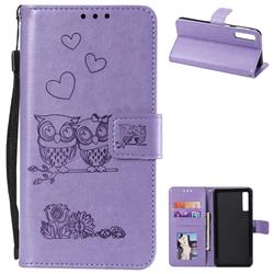 Embossing Owl Couple Flower Leather Wallet Case for Samsung Galaxy A7 (2018) A750 - Purple