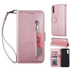 Retro Calfskin Zipper Leather Wallet Case Cover for Samsung Galaxy A7 (2018) A750 - Rose Gold