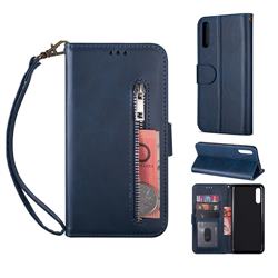 Retro Calfskin Zipper Leather Wallet Case Cover for Samsung Galaxy A7 (2018) A750 - Blue
