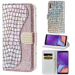Glitter Diamond Buckle Laser Stitching Leather Wallet Phone Case for Samsung Galaxy A7 (2018) A750 - Pink