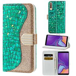 Glitter Diamond Buckle Laser Stitching Leather Wallet Phone Case for Samsung Galaxy A7 (2018) A750 - Green