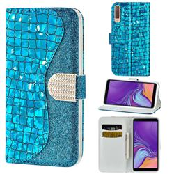 Glitter Diamond Buckle Laser Stitching Leather Wallet Phone Case for Samsung Galaxy A7 (2018) A750 - Blue