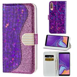 Glitter Diamond Buckle Laser Stitching Leather Wallet Phone Case for Samsung Galaxy A7 (2018) A750 - Purple
