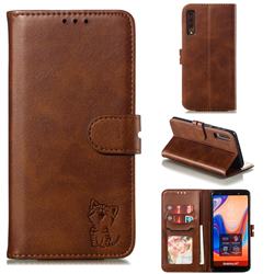 Embossing Happy Cat Leather Wallet Case for Samsung Galaxy A7 (2018) A750 - Brown