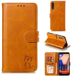 Embossing Happy Cat Leather Wallet Case for Samsung Galaxy A7 (2018) A750 - Yellow