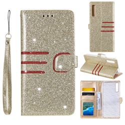 Retro Stitching Glitter Leather Wallet Phone Case for Samsung Galaxy A7 (2018) A750 - Golden