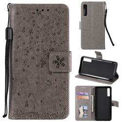 Embossing Cherry Blossom Cat Leather Wallet Case for Samsung Galaxy A7 (2018) A750 - Gray