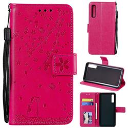 Embossing Cherry Blossom Cat Leather Wallet Case for Samsung Galaxy A7 (2018) A750 - Rose