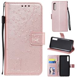 Embossing Cherry Blossom Cat Leather Wallet Case for Samsung Galaxy A7 (2018) A750 - Rose Gold