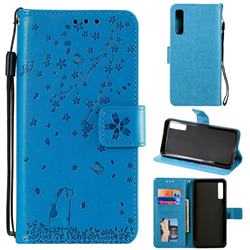 Embossing Cherry Blossom Cat Leather Wallet Case for Samsung Galaxy A7 (2018) A750 - Blue