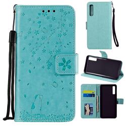 Embossing Cherry Blossom Cat Leather Wallet Case for Samsung Galaxy A7 (2018) A750 - Green