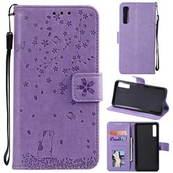 Embossing Cherry Blossom Cat Leather Wallet Case for Samsung Galaxy A7 (2018) A750 - Purple
