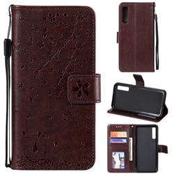 Embossing Cherry Blossom Cat Leather Wallet Case for Samsung Galaxy A7 (2018) A750 - Brown