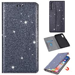 Ultra Slim Glitter Powder Magnetic Automatic Suction Leather Wallet Case for Samsung Galaxy A7 (2018) A750 - Gray