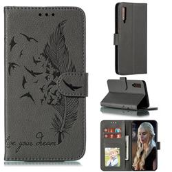 Intricate Embossing Lychee Feather Bird Leather Wallet Case for Samsung Galaxy A7 (2018) A750 - Gray