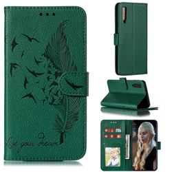 Intricate Embossing Lychee Feather Bird Leather Wallet Case for Samsung Galaxy A7 (2018) A750 - Green