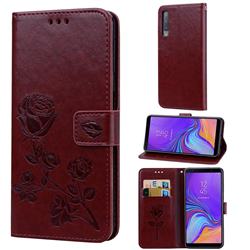 Embossing Rose Flower Leather Wallet Case for Samsung Galaxy A7 (2018) A750 - Brown