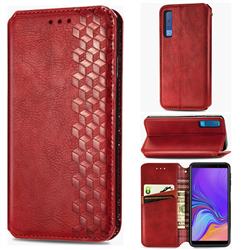 Ultra Slim Fashion Business Card Magnetic Automatic Suction Leather Flip Cover for Samsung Galaxy A7 (2018) A750 - Red