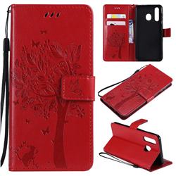 Embossing Butterfly Tree Leather Wallet Case for Samsung Galaxy A8s - Red