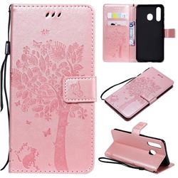 Embossing Butterfly Tree Leather Wallet Case for Samsung Galaxy A8s - Rose Pink
