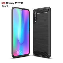 Luxury Carbon Fiber Brushed Wire Drawing Silicone TPU Back Cover for Samsung Galaxy A90 5G - Black
