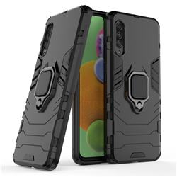 Black Panther Armor Metal Ring Grip Shockproof Dual Layer Rugged Hard Cover for Samsung Galaxy A90 5G - Black